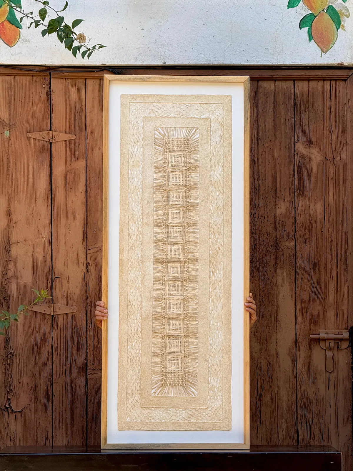 Amate Wall Art in Natural Color – Framed wall hanging featuring traditional amate art