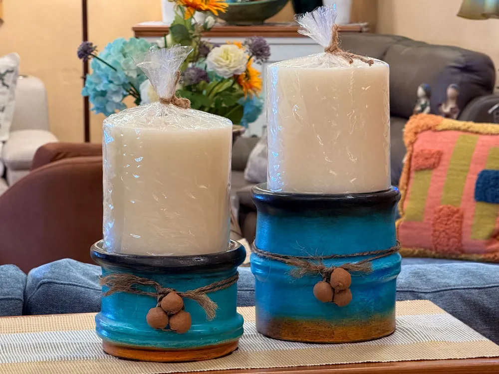 Large Clay Candle Holders in Rustic Teal