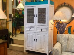 White and turquoise wormwood dresser with aluminum details