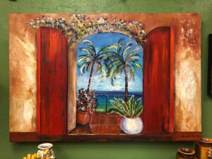 Painting of red doors and a view of the ocean and palm trees