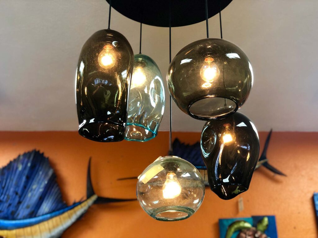 Candil Vidrio Soplado Hand blown glass chandelier at furniture store in Cabo San Lucas, Mexico