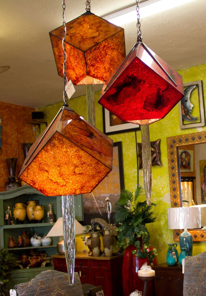 Carlos de Anda Candil Cubos_ Carlos de Anda orange cube chandelier sold at furniture store in Cabo San Lucas, Mexico
