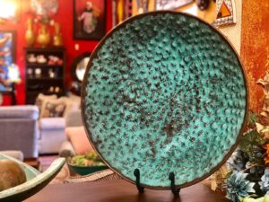 Turquoise hammered copper plate with iron base