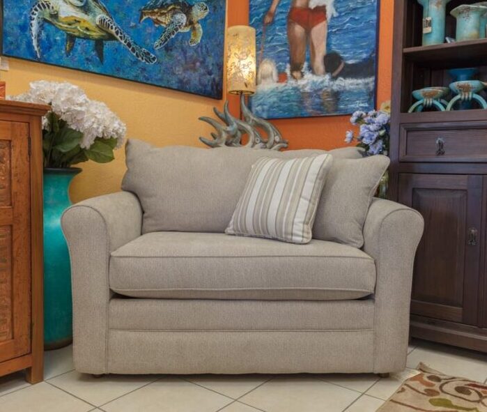 LaZ Boy Leah Twin Sleep Sofa Gray LaZBoy Leah twin sofa sleeper with throw pillows in Cabo San Lucas showroom