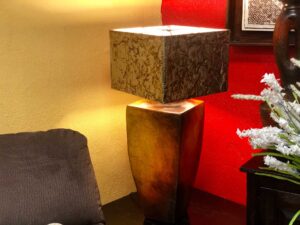 Cubed ceramic table lamp with aluminum-detailed lampshade