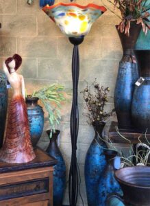 Multicolor blown glass floor lamp with iron base