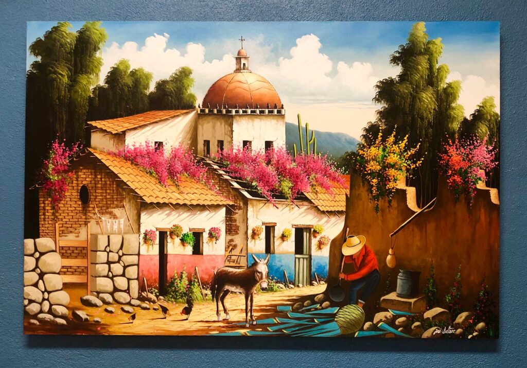 Soltero Pintura Pueblo Painting of beautiful Mexican home with bugambilia flowers