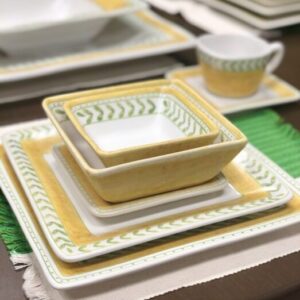 Yellow and green handpainted dinnerware set