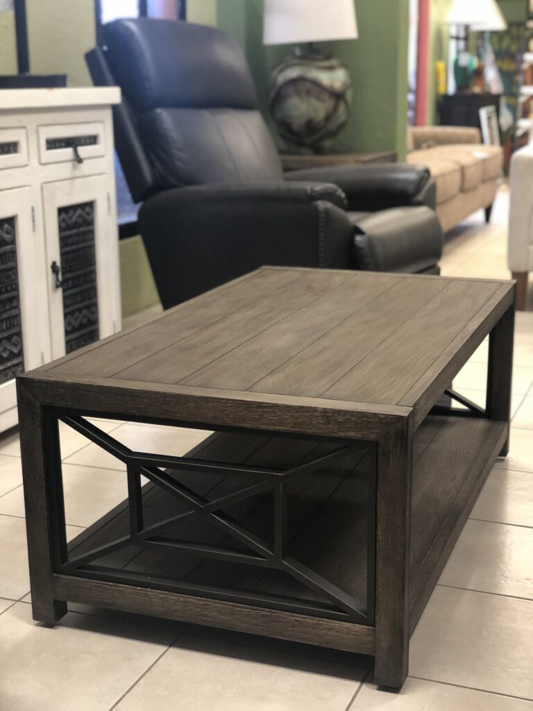 Hammary Synthesis Coffee Table Wooden rectangular coffee table with metal details at furniture store in Cabo San Lucas