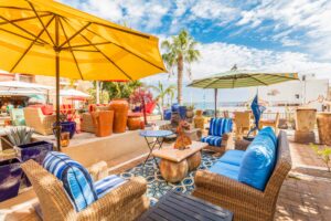 Collection of outdoor furniture from Sunset West on the terrace of a furniture store in Cabo San Lucas, Mexico