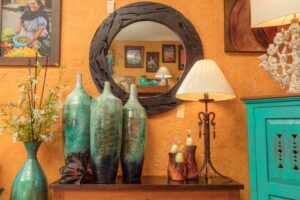 Blue vases, a lamp, and other home decor at furniture store in San Jose del Cabo, Mexico