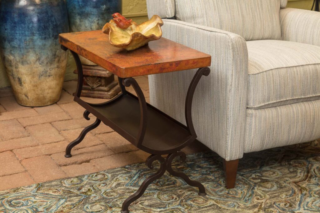 Hammered Copper Top Coffee Table Hammered copper top coffee table with wrought iron base