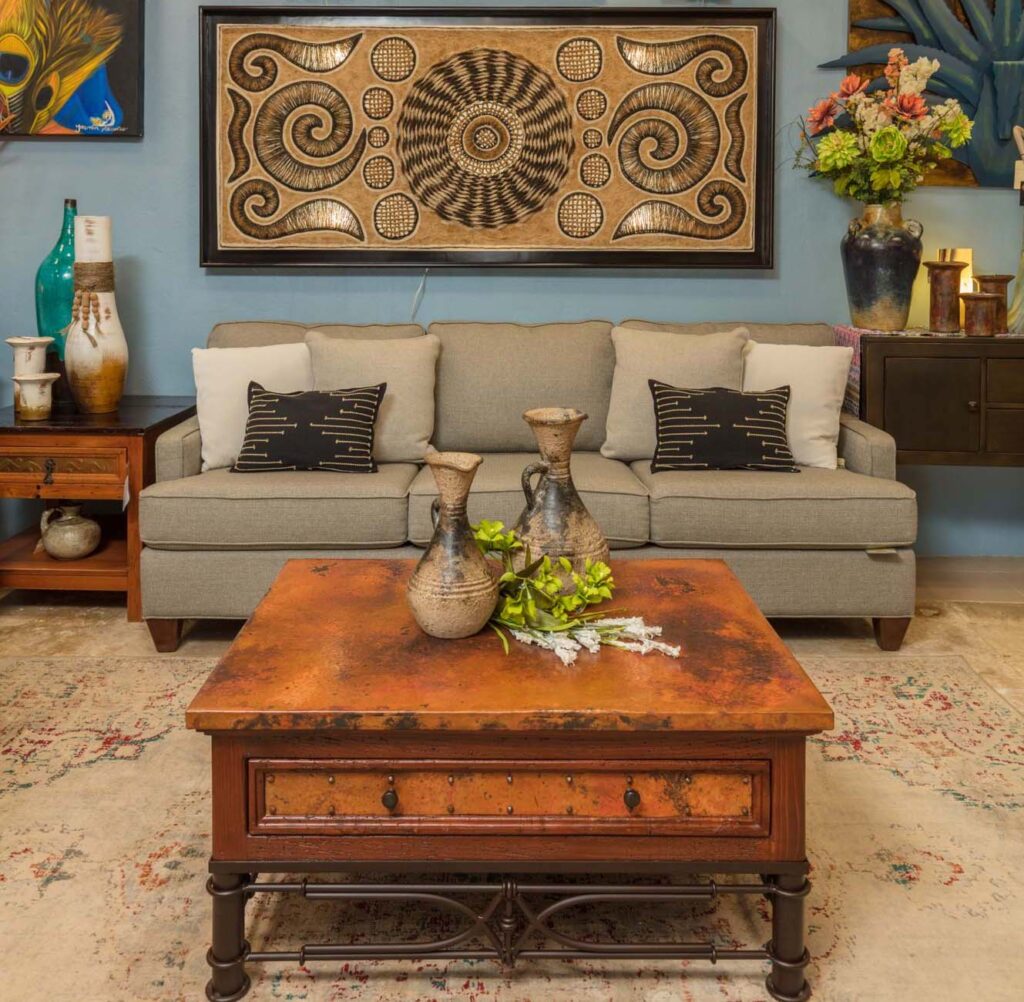 Hammered Copper Coffee Table Hammered copper top coffee table with wrought iron base