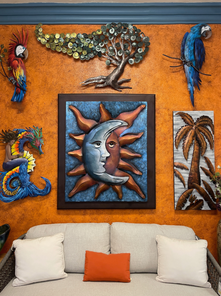 Mexican wall art, metal sun and moon painting, inventory at casa bonita