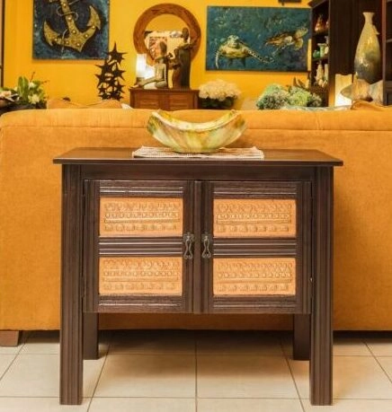 Small two door console table with copper details