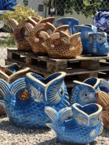 Mexican blue and brown clay fish flower pots