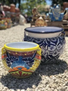 Colorful Mexican talavera rounded flower pots with handles