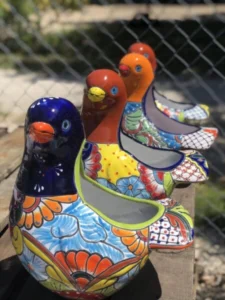 Colorful Mexican talavera bird flower pots