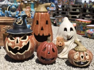 Five Halloween clay garden sculptures, made in Mexico and sold at Lake of the Ozarks