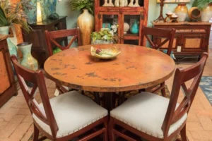 Hammered copper table with iron base